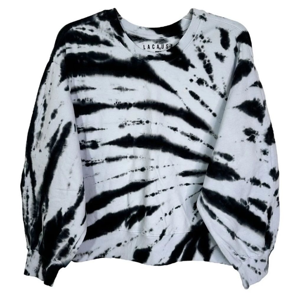 NWT LACAUSA Anthropologie Tie Dye Balloon Sleeve Crewneck Sweatshirt Medium Blue